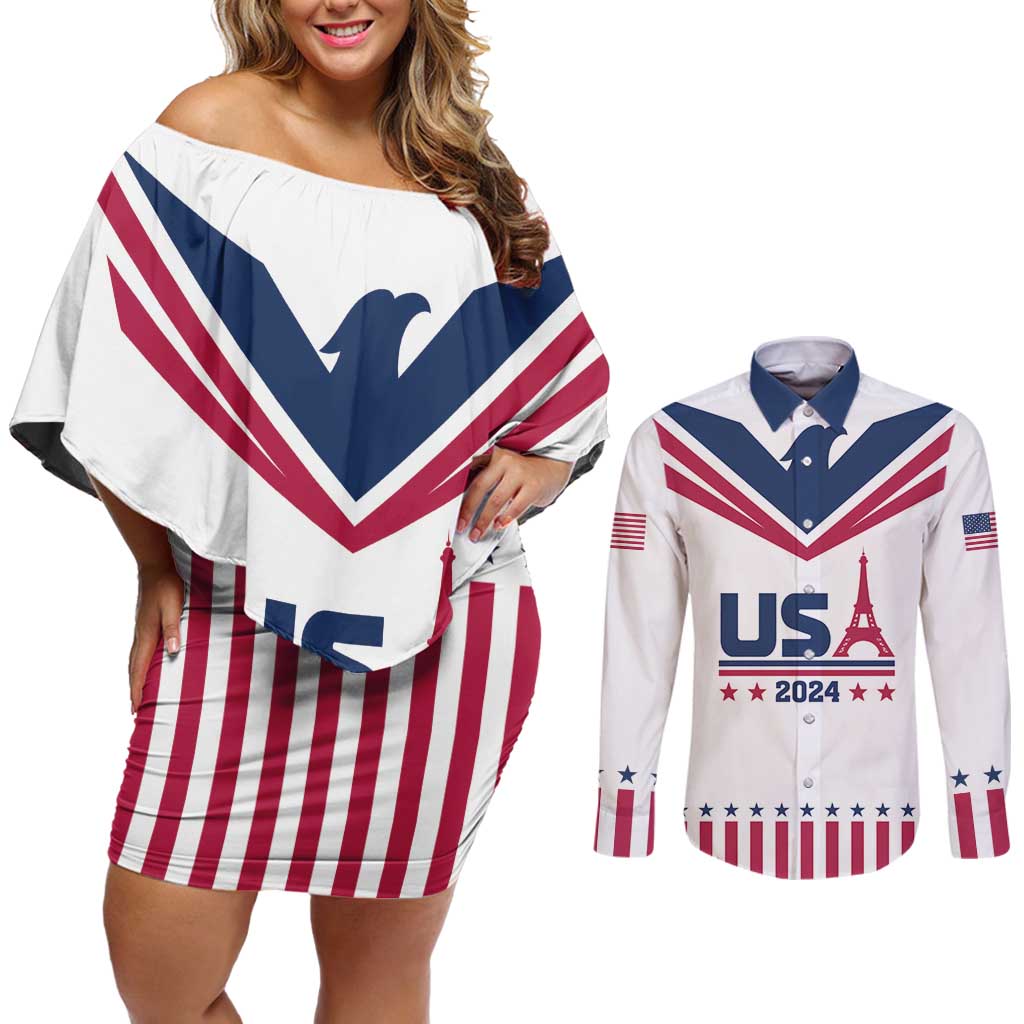 Custom USA 2024 Eiffel Tower Couples Matching Off Shoulder Short Dress and Long Sleeve Button Shirt United States Summer Sport - Wonder Print Shop