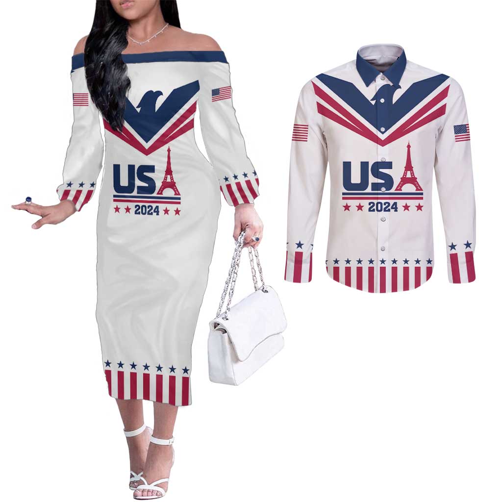 Custom USA 2024 Eiffel Tower Couples Matching Off The Shoulder Long Sleeve Dress and Long Sleeve Button Shirt United States Summer Sport