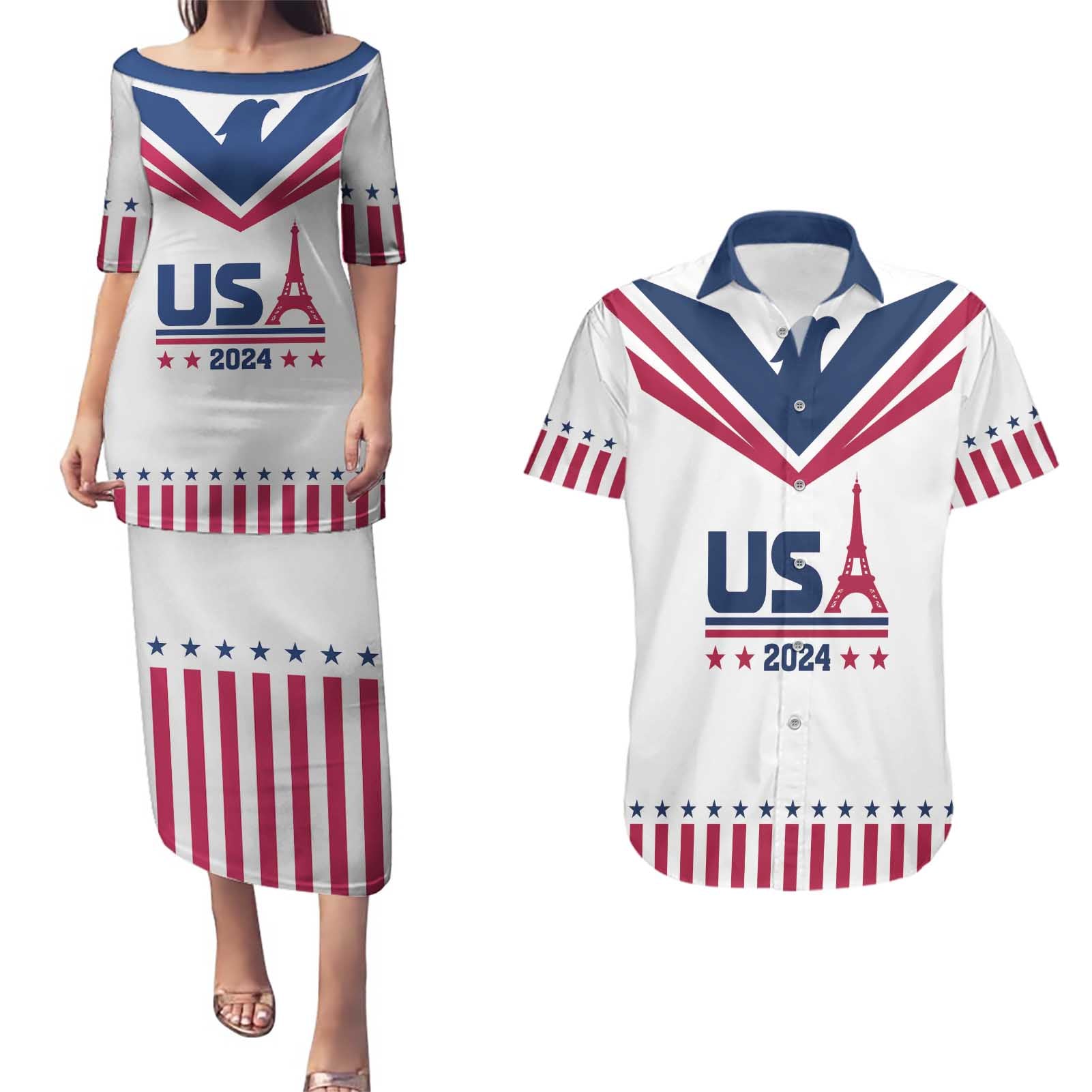 Custom USA 2024 Eiffel Tower Couples Matching Puletasi and Hawaiian Shirt United States Summer Sport - Wonder Print Shop