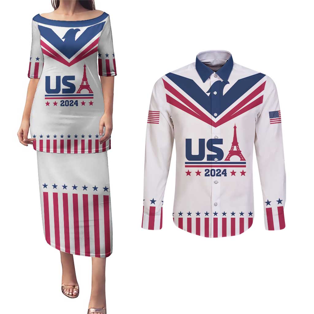 Custom USA 2024 Eiffel Tower Couples Matching Puletasi and Long Sleeve Button Shirt United States Summer Sport - Wonder Print Shop