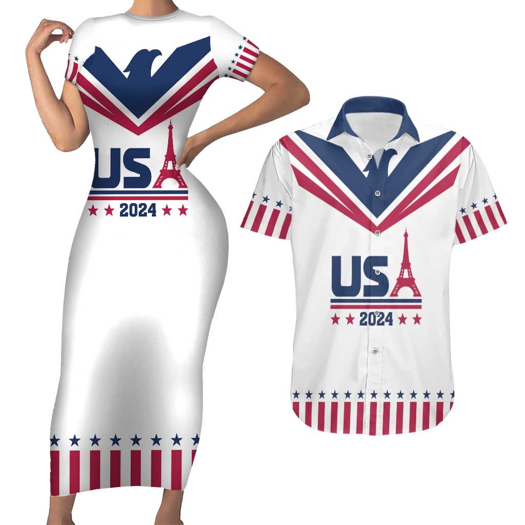 Custom USA 2024 Eiffel Tower Couples Matching Short Sleeve Bodycon Dress and Hawaiian Shirt United States Summer Sport - Wonder Print Shop