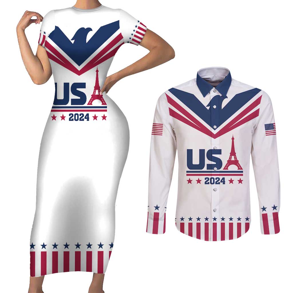 Custom USA 2024 Eiffel Tower Couples Matching Short Sleeve Bodycon Dress and Long Sleeve Button Shirt United States Summer Sport - Wonder Print Shop