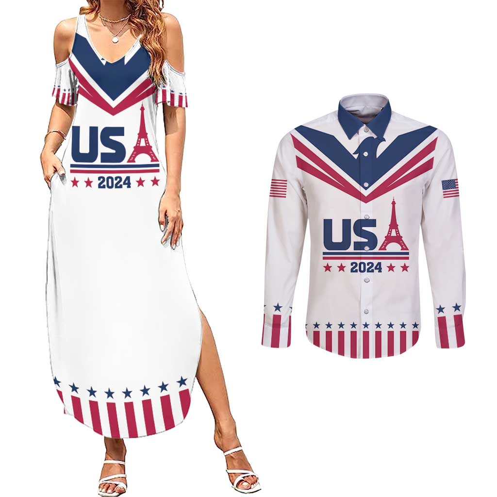 Custom USA 2024 Eiffel Tower Couples Matching Summer Maxi Dress and Long Sleeve Button Shirt United States Summer Sport - Wonder Print Shop