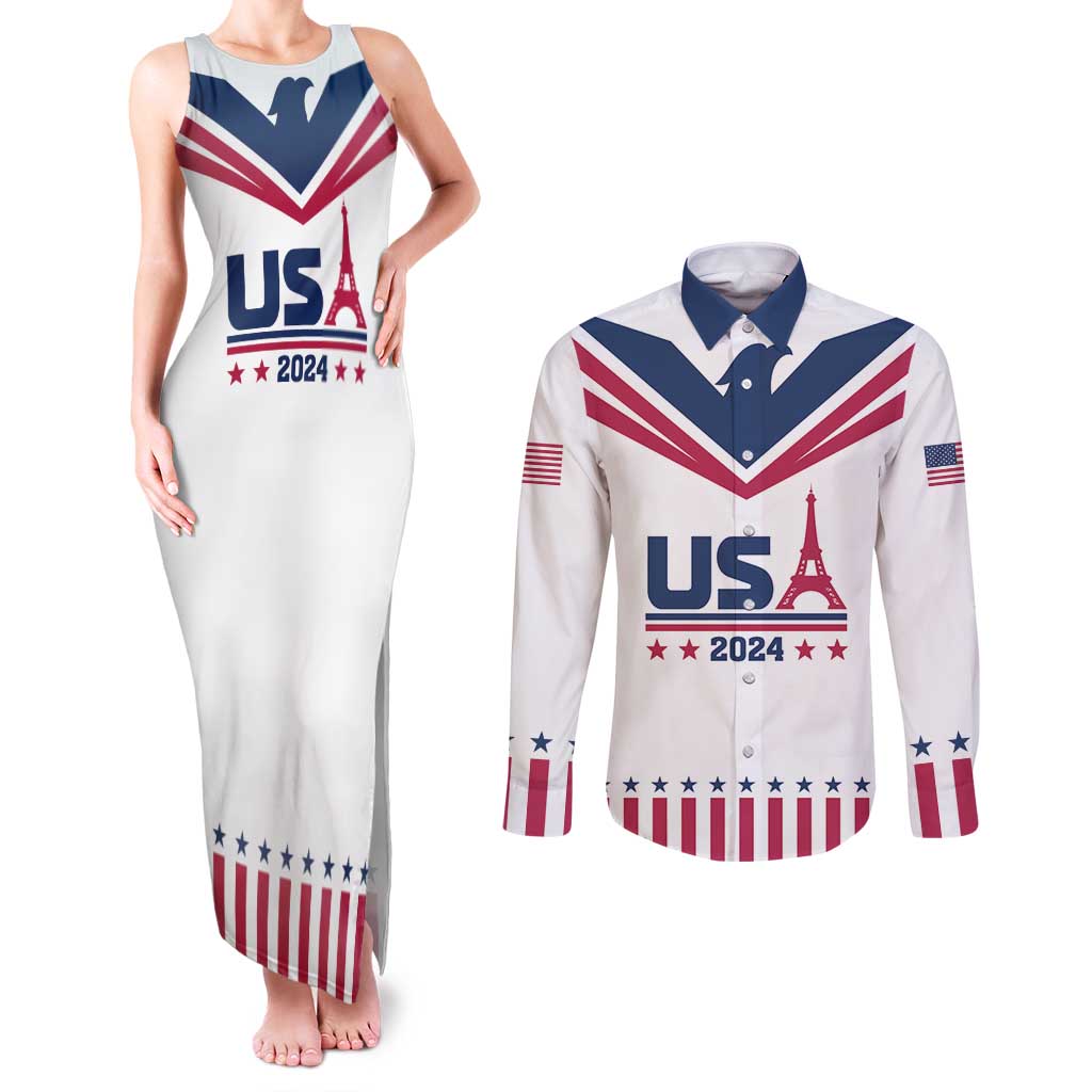 Custom USA 2024 Eiffel Tower Couples Matching Tank Maxi Dress and Long Sleeve Button Shirt United States Summer Sport - Wonder Print Shop