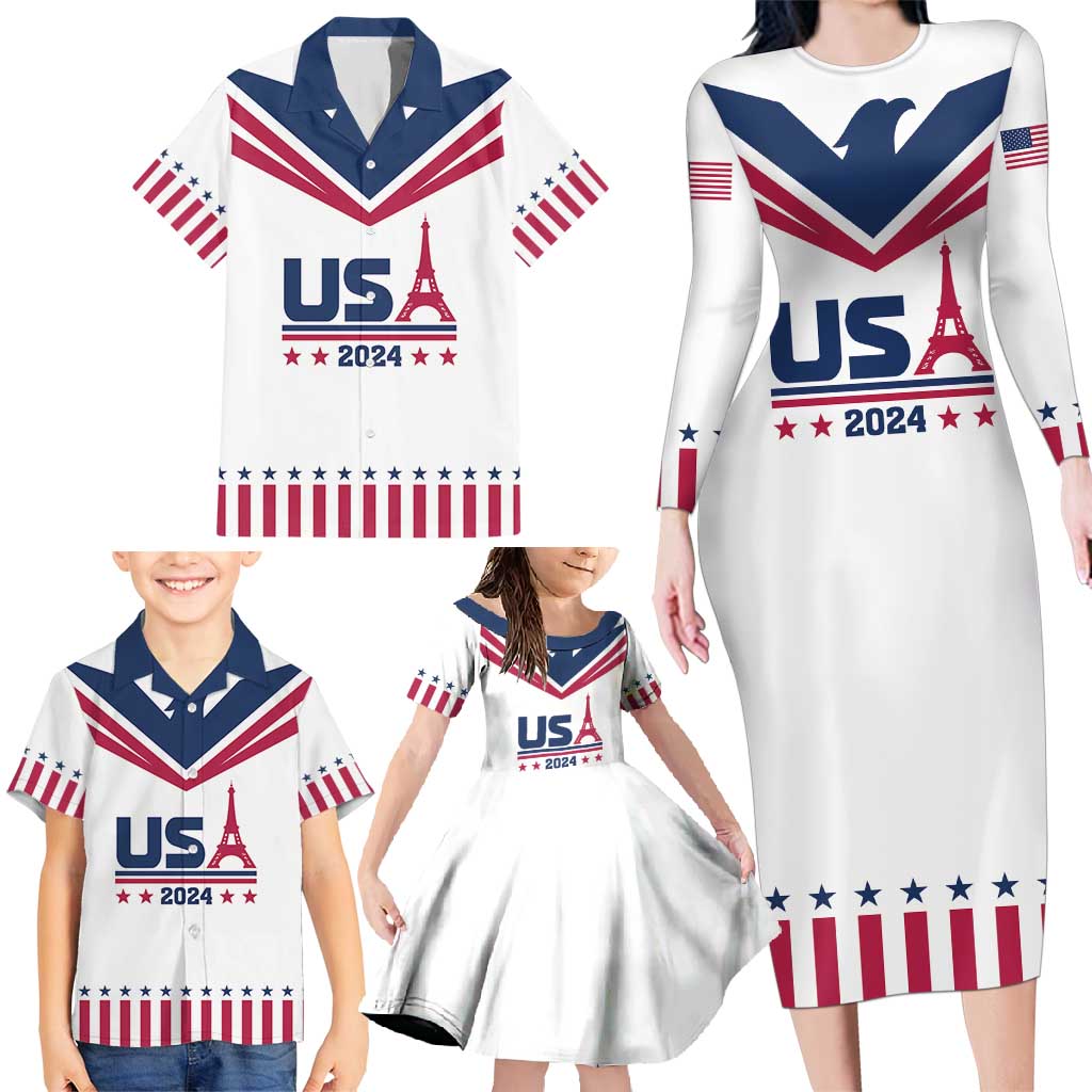 Custom USA 2024 Eiffel Tower Family Matching Long Sleeve Bodycon Dress and Hawaiian Shirt United States Summer Sport - Wonder Print Shop