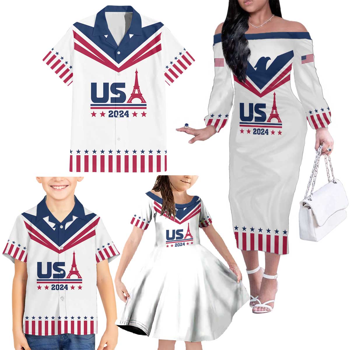 Custom USA 2024 Eiffel Tower Family Matching Off The Shoulder Long Sleeve Dress and Hawaiian Shirt United States Summer Sport - Wonder Print Shop