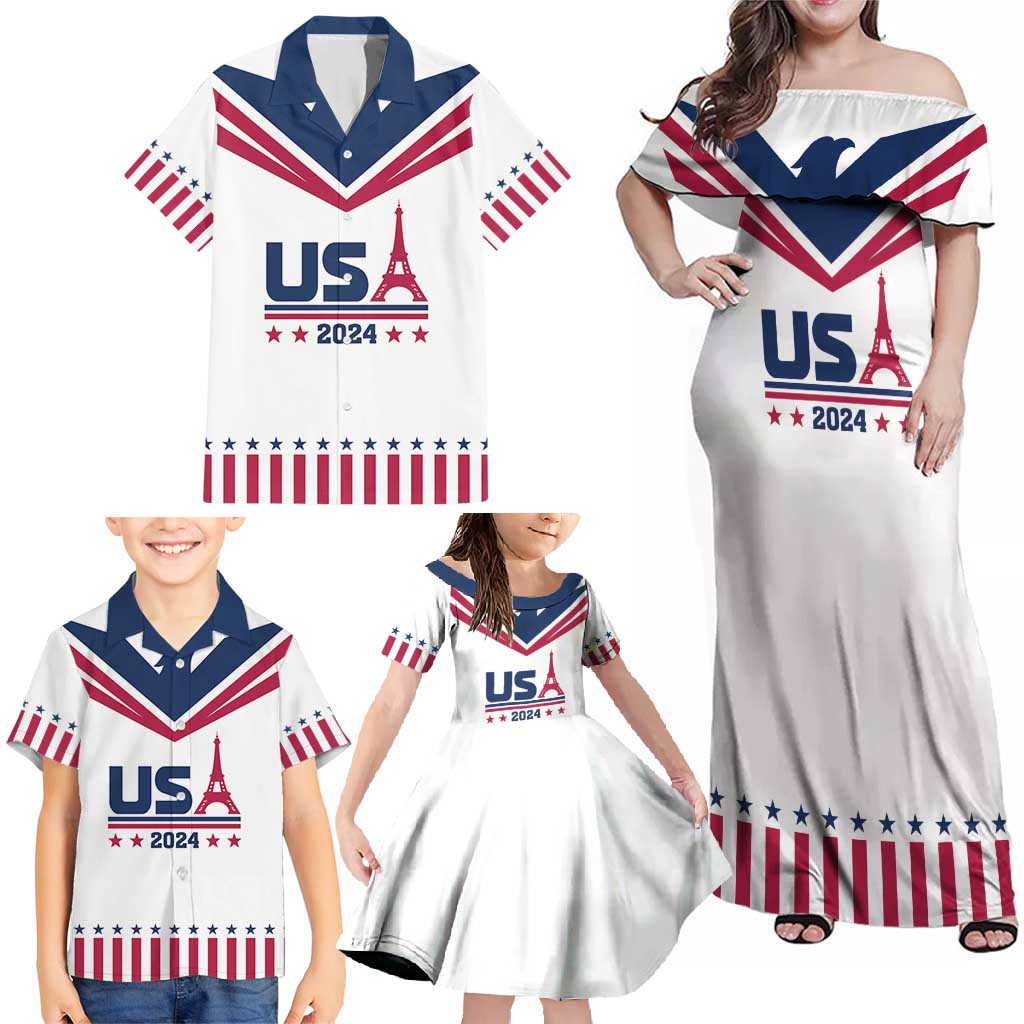 Custom USA 2024 Eiffel Tower Family Matching Off Shoulder Maxi Dress and Hawaiian Shirt United States Summer Sport - Wonder Print Shop