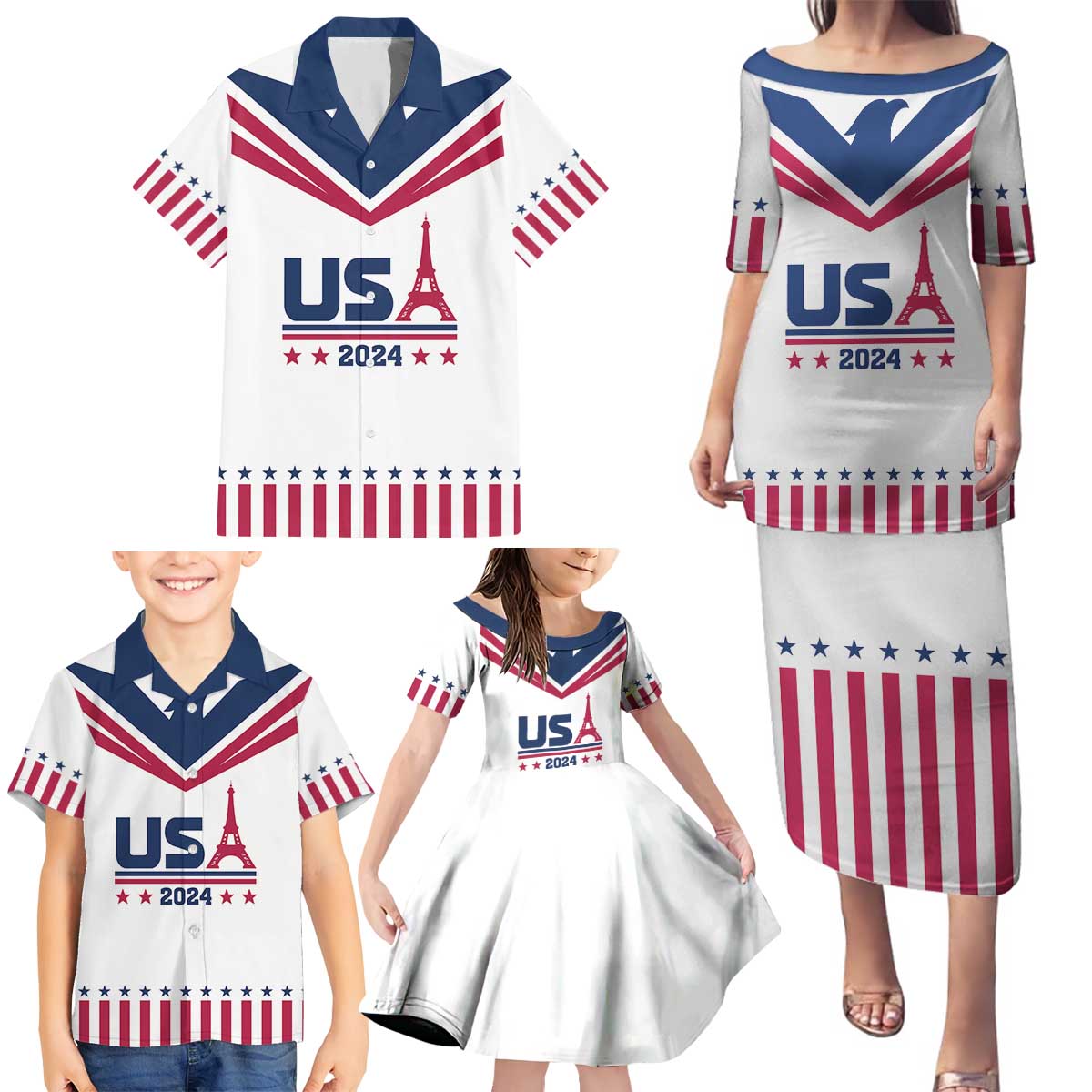 Custom USA 2024 Eiffel Tower Family Matching Puletasi and Hawaiian Shirt United States Summer Sport - Wonder Print Shop