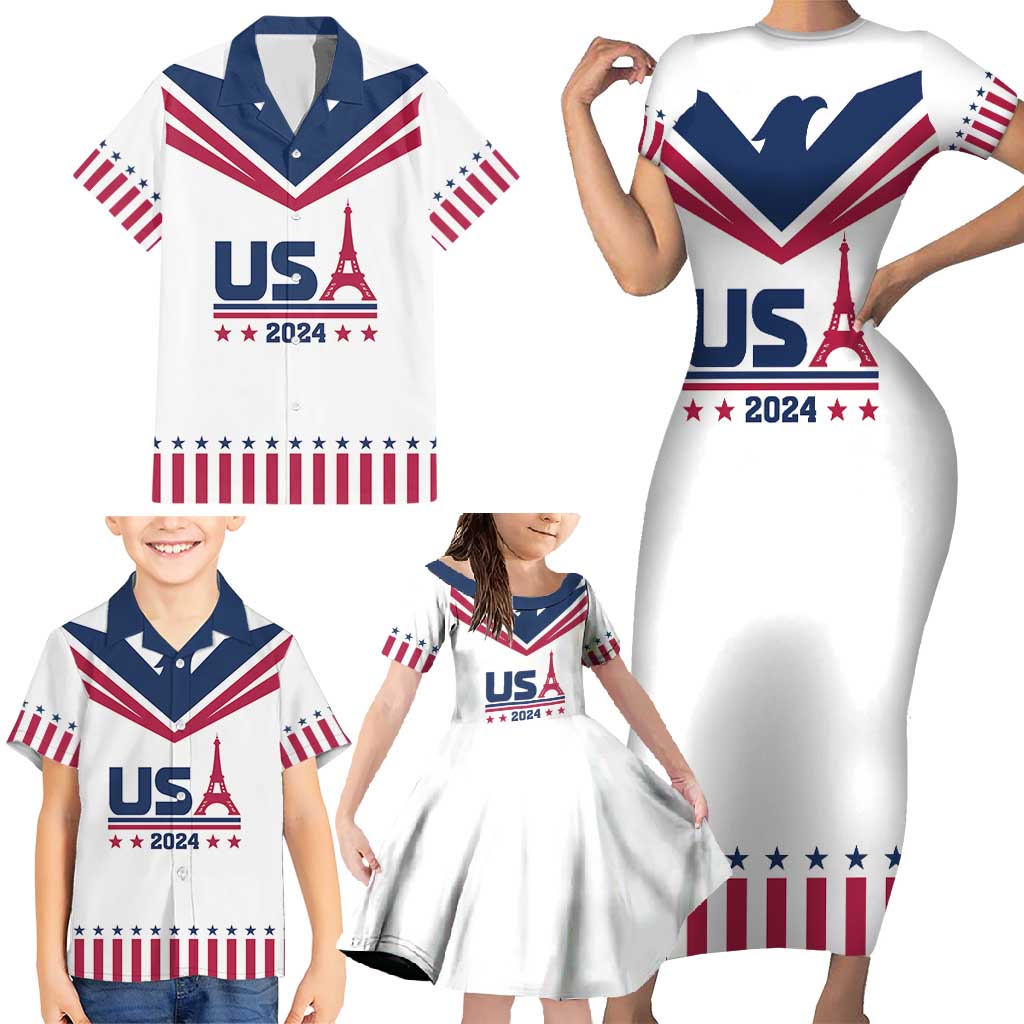 Custom USA 2024 Eiffel Tower Family Matching Short Sleeve Bodycon Dress and Hawaiian Shirt United States Summer Sport - Wonder Print Shop