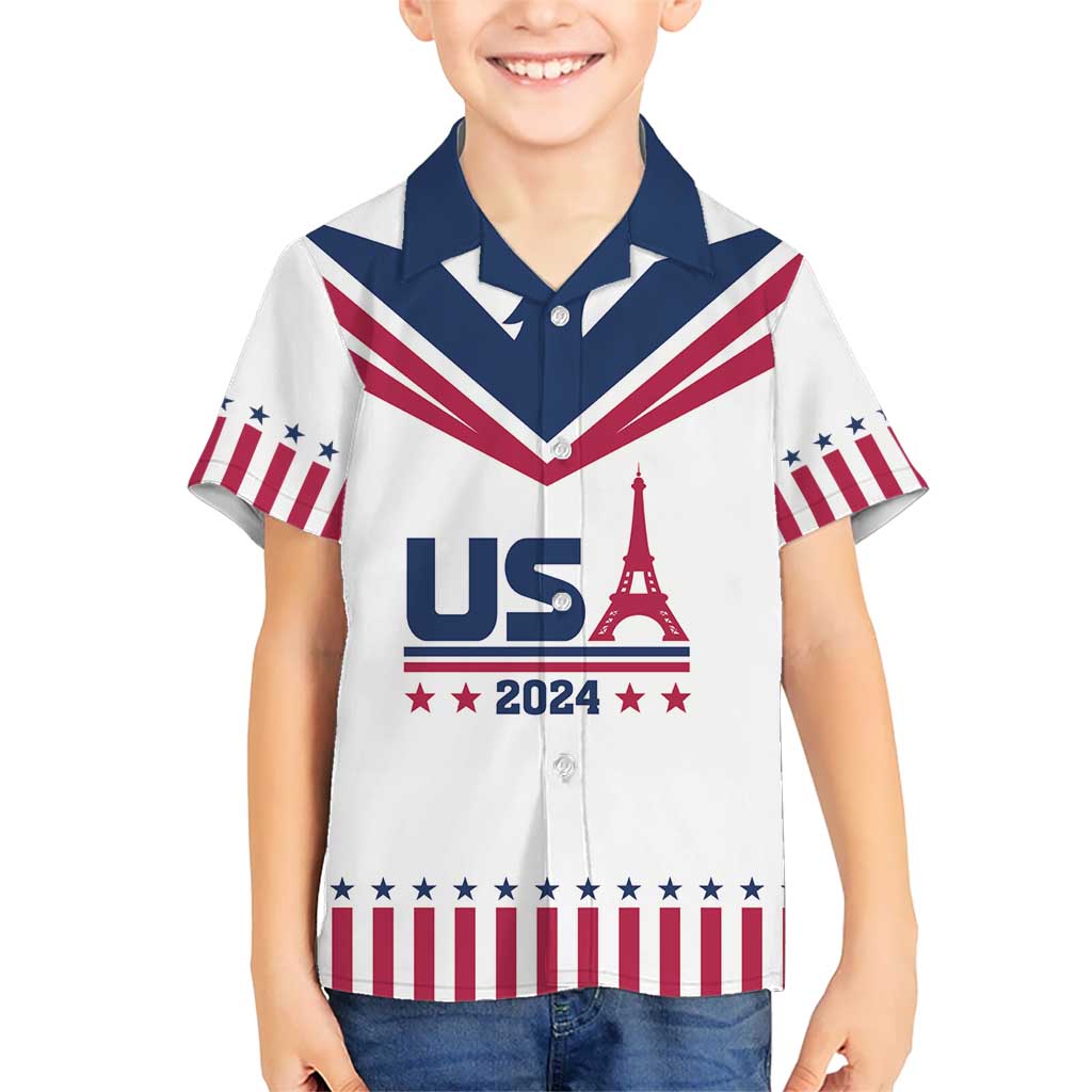 Custom USA 2024 Eiffel Tower Kid Hawaiian Shirt United States Summer Sport - Wonder Print Shop