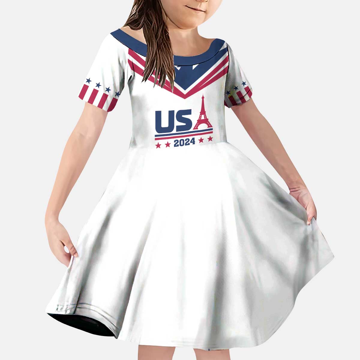 Custom USA 2024 Eiffel Tower Kid Short Sleeve Dress United States Summer Sport - Wonder Print Shop