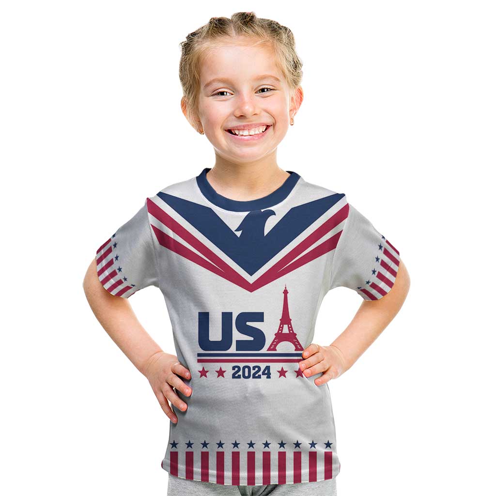 Custom USA 2024 Eiffel Tower Kid T Shirt United States Summer Sport - Wonder Print Shop