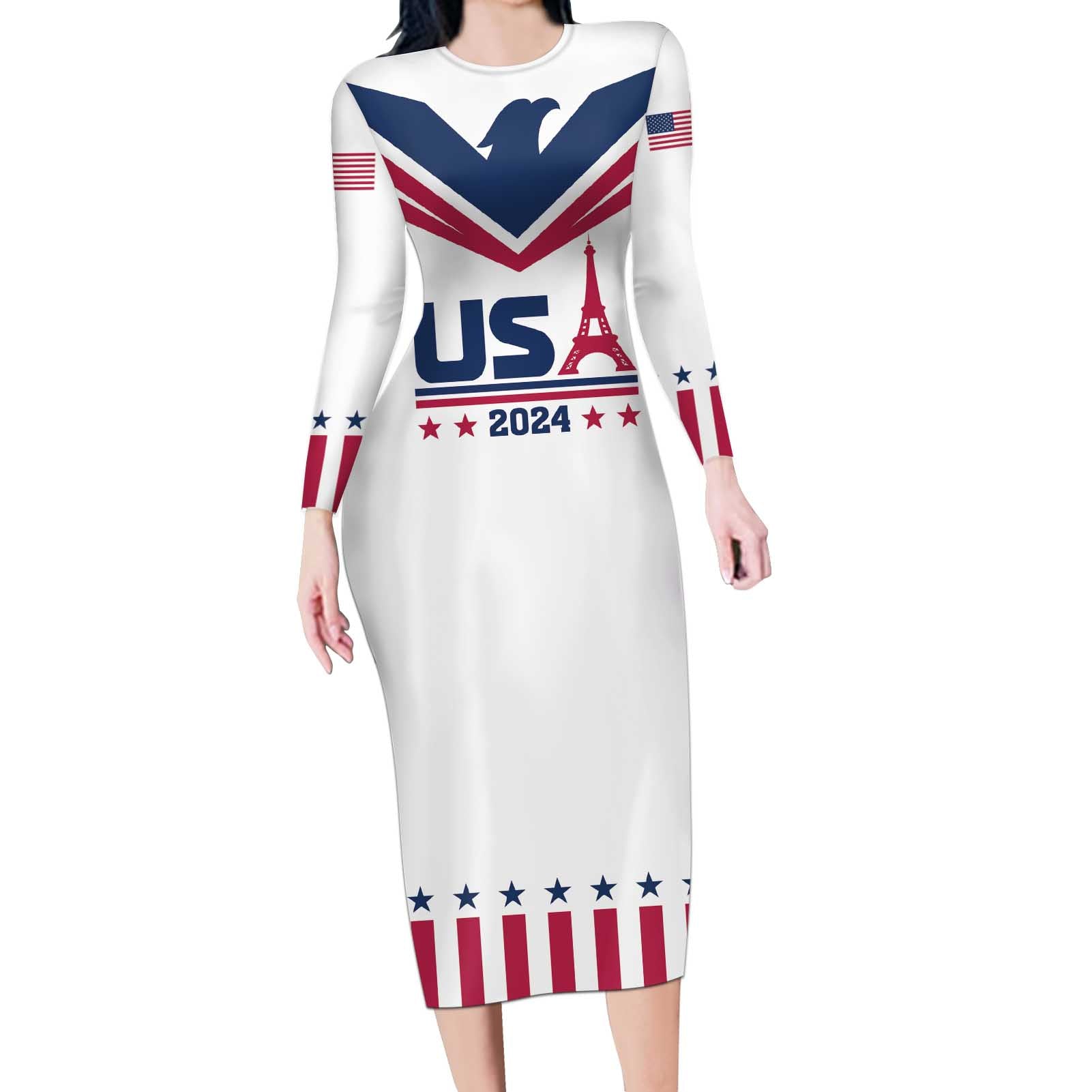 Custom USA 2024 Eiffel Tower Long Sleeve Bodycon Dress United States Summer Sport - Wonder Print Shop