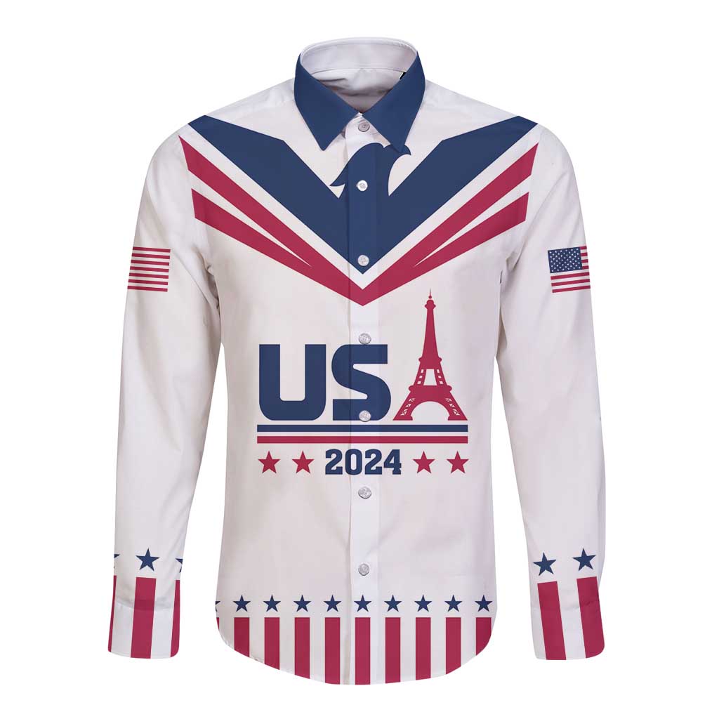 Custom USA 2024 Eiffel Tower Long Sleeve Button Shirt United States Summer Sport - Wonder Print Shop