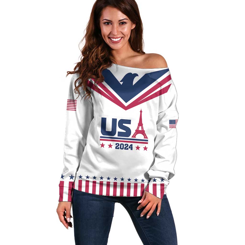 Custom USA 2024 Eiffel Tower Off Shoulder Sweater United States Summer Sport - Wonder Print Shop