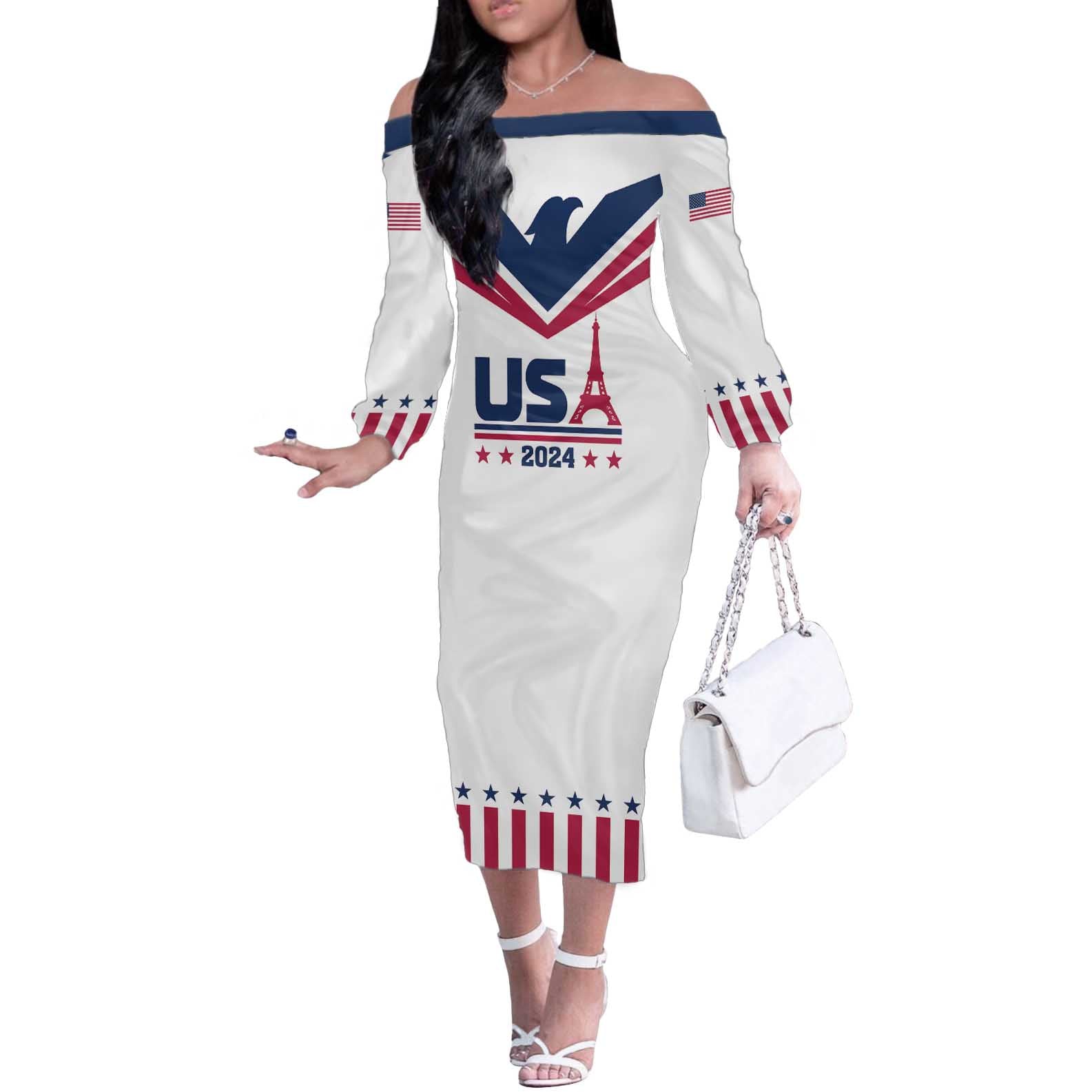 Custom USA 2024 Eiffel Tower Off The Shoulder Long Sleeve Dress United States Summer Sport - Wonder Print Shop