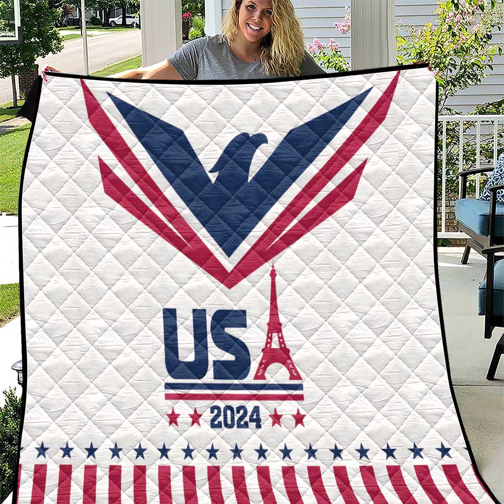 White quilt blanket featuring USA 2024 heart graphic and Eiffel Tower motif