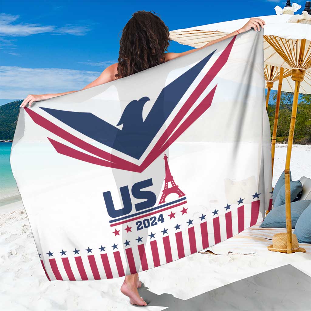 White USA 2024 sarong with Eiffel Tower graphic and star-and-stripe border