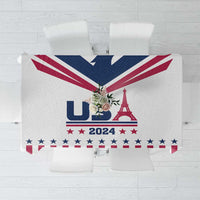 Red-and-white striped tablecloth with blue eagle and Eiffel Tower, stars, 2024