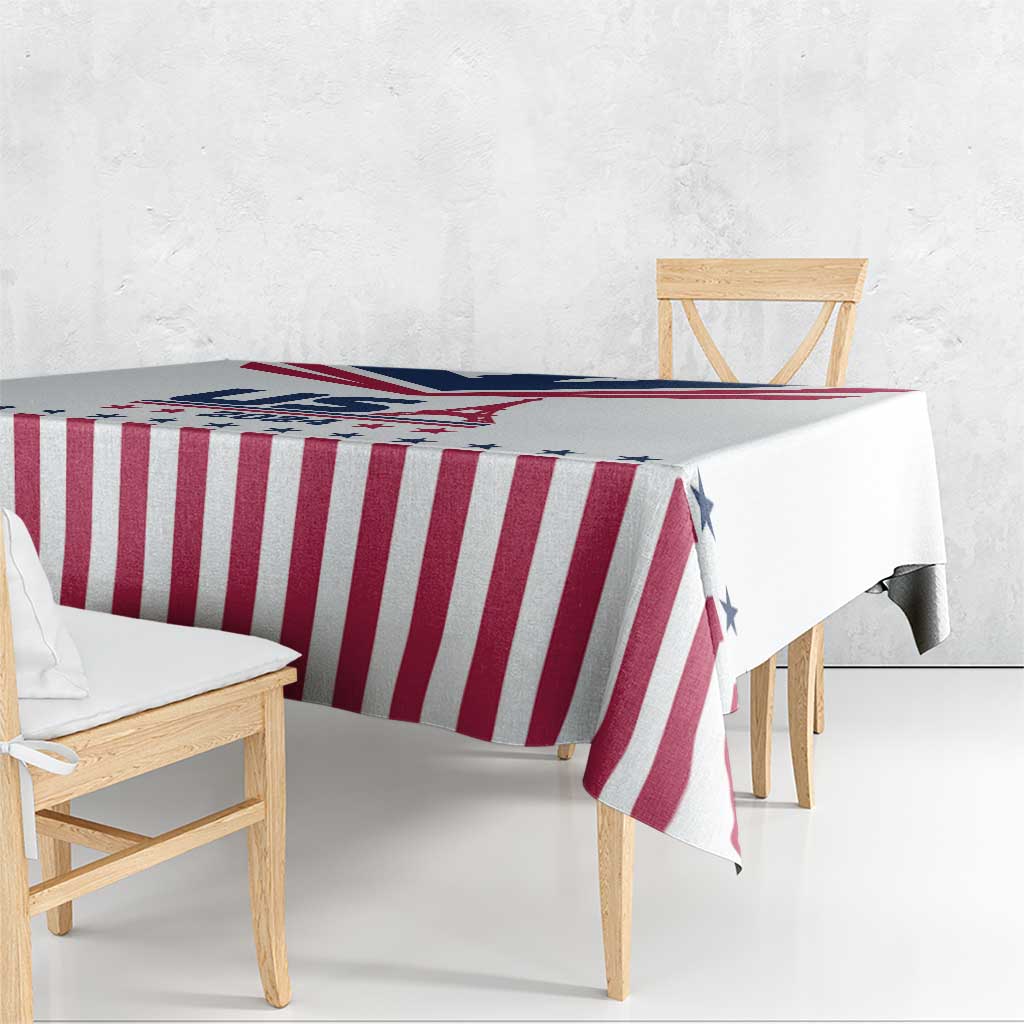 Corner view of red-and-white striped tablecloth with blue star accents