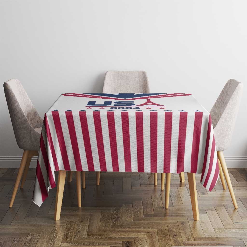 White tablecloth with red stripes, blue stars and Eiffel Tower graphic, 2024