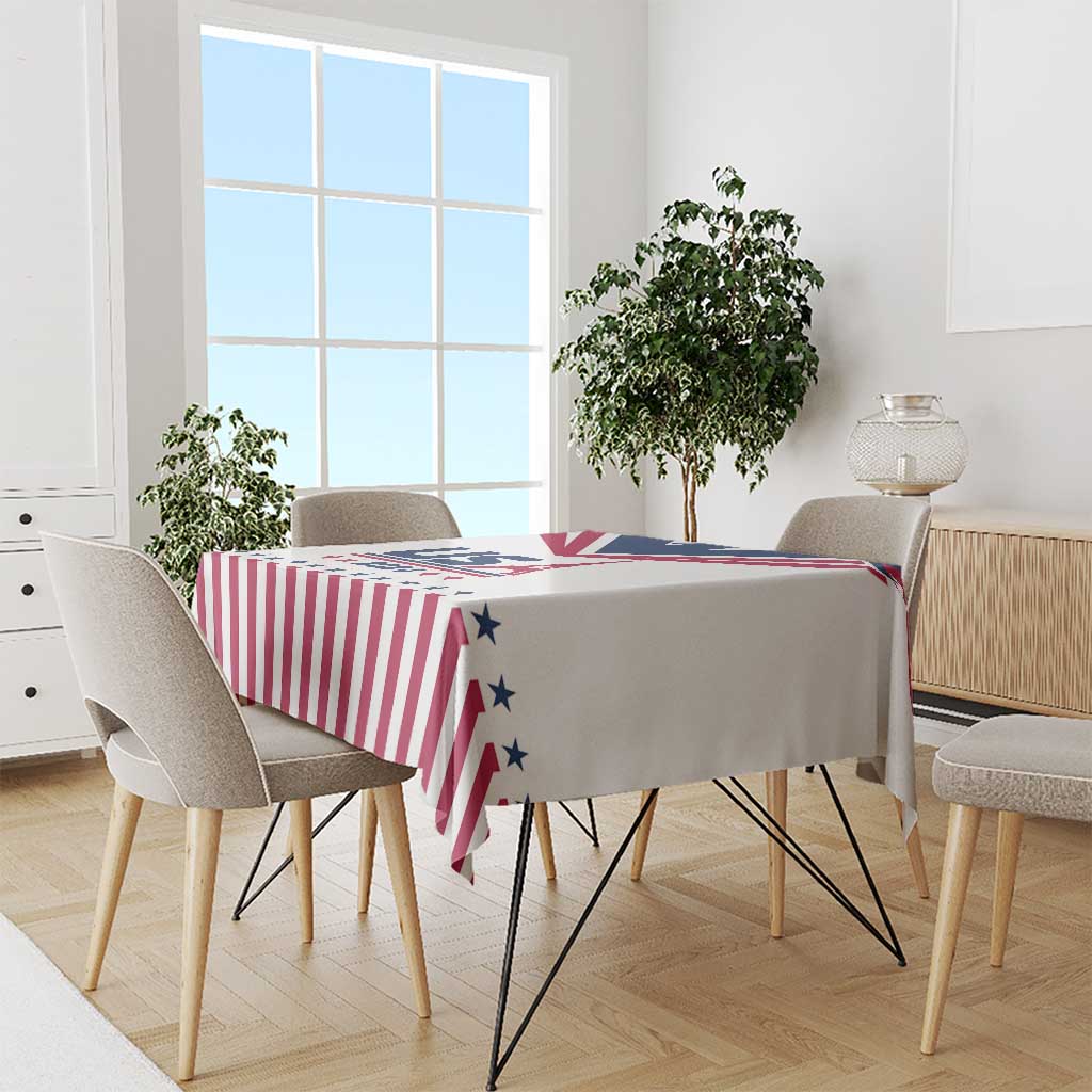 Red-and-white striped tablecloth with blue star accents and Eiffel Tower motif