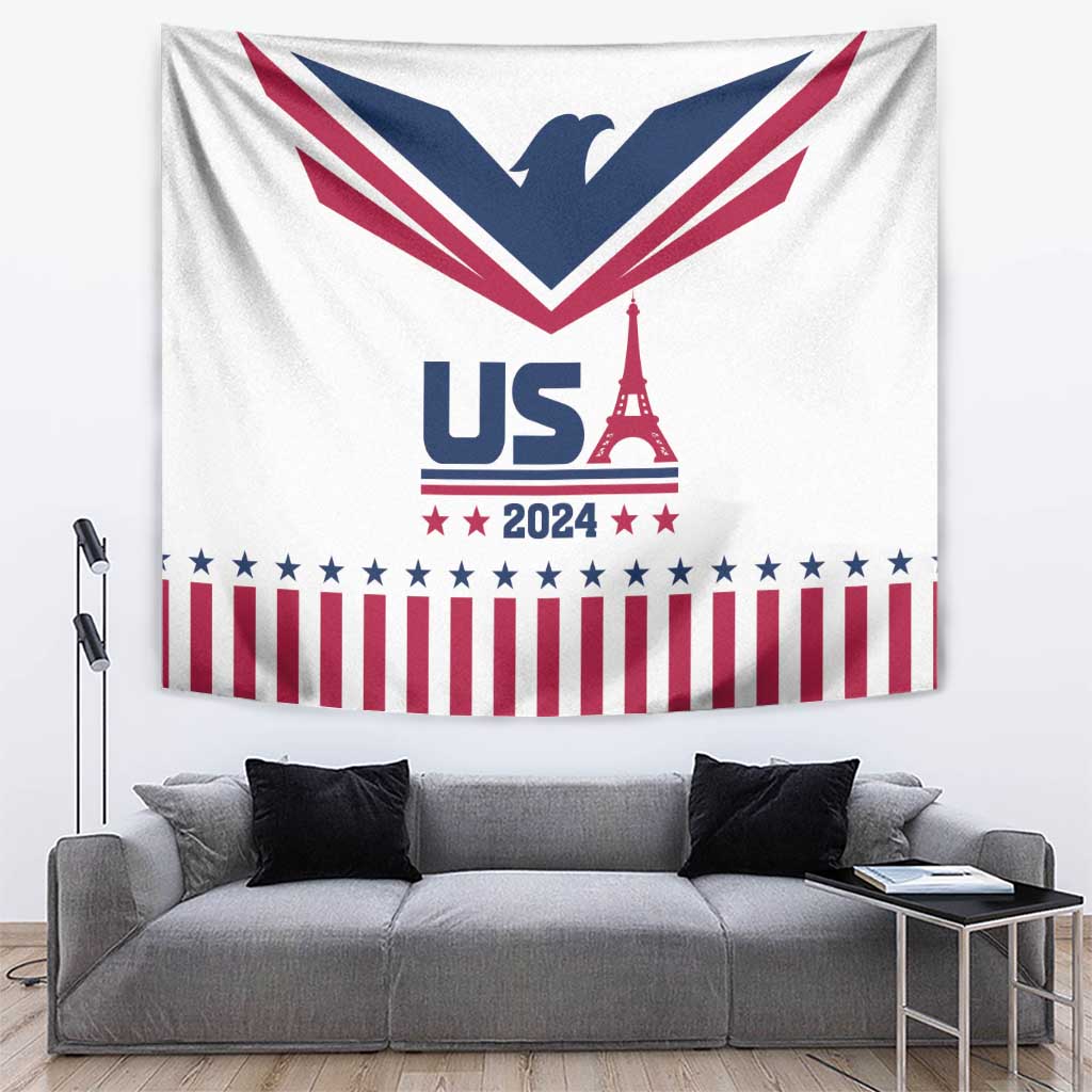 White USA 2024 tapestry with Eiffel Tower, US lettering, stars and red-white stripes