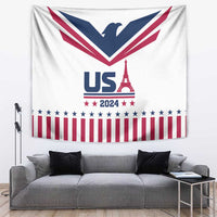 White USA 2024 tapestry with Eiffel Tower, US lettering, stars and red-white stripes
