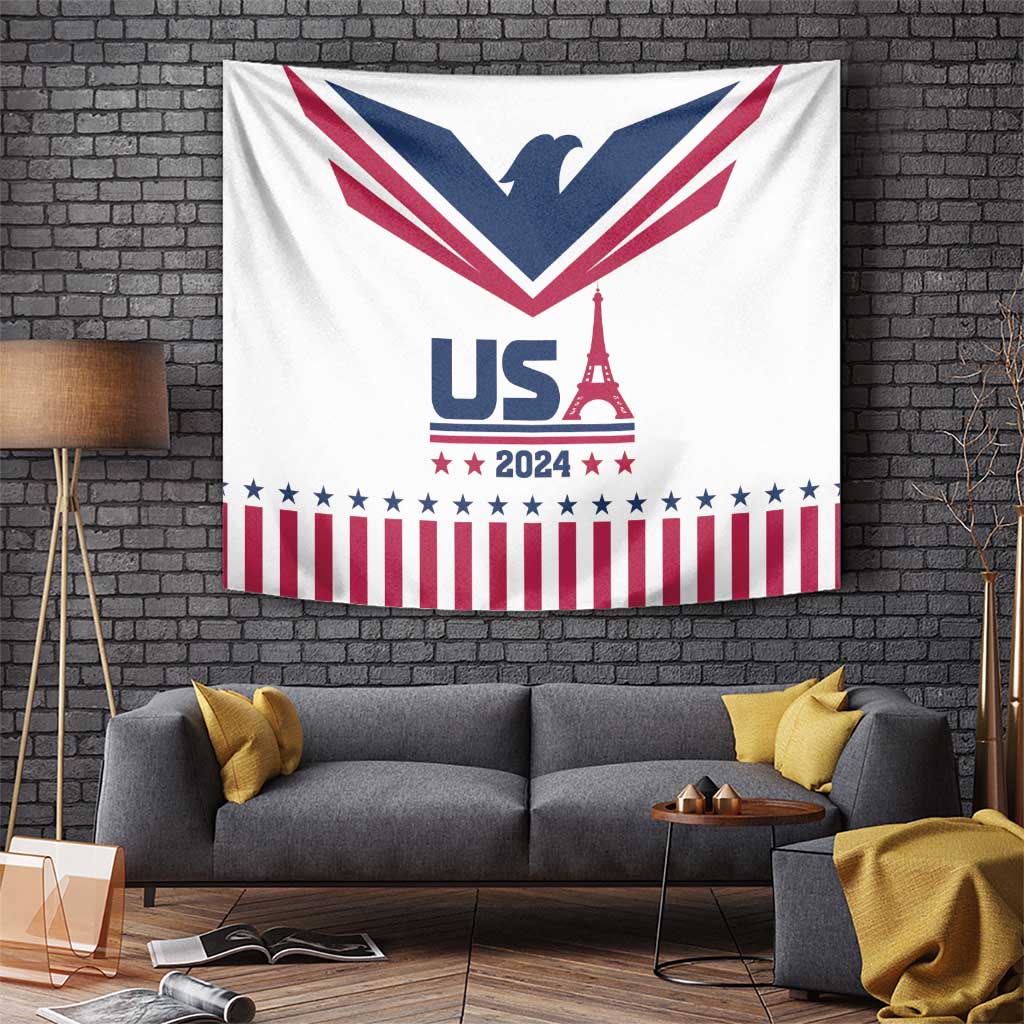 White USA 2024 tapestry featuring Eiffel Tower, US letters, stars and red-white stripes