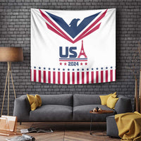 White USA 2024 tapestry featuring Eiffel Tower, US letters, stars and red-white stripes