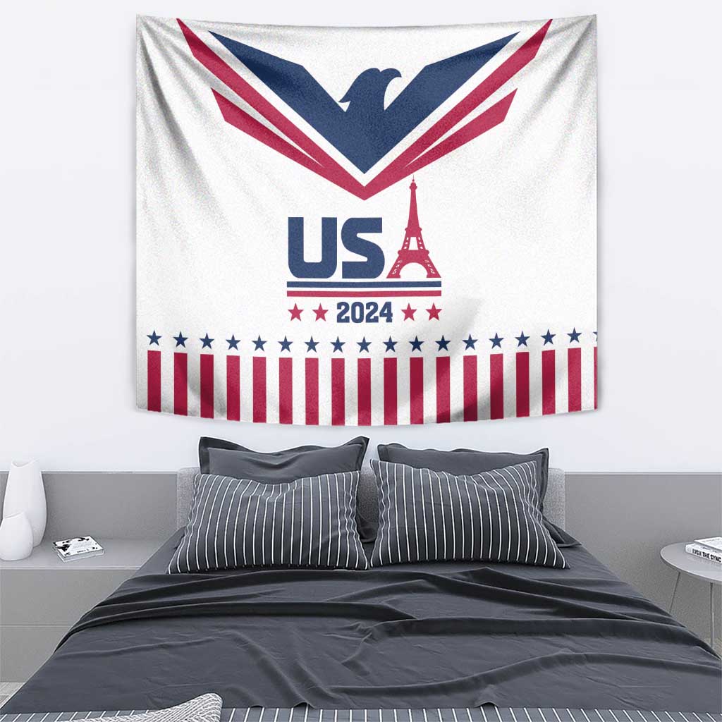 White USA 2024 tapestry with Eiffel Tower, bald eagle, US 2024 text, stars and stripes