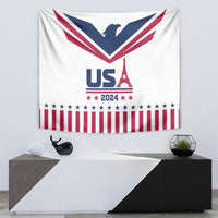 White USA 2024 tapestry with Eiffel Tower, US lettering, star row and red-white stripes