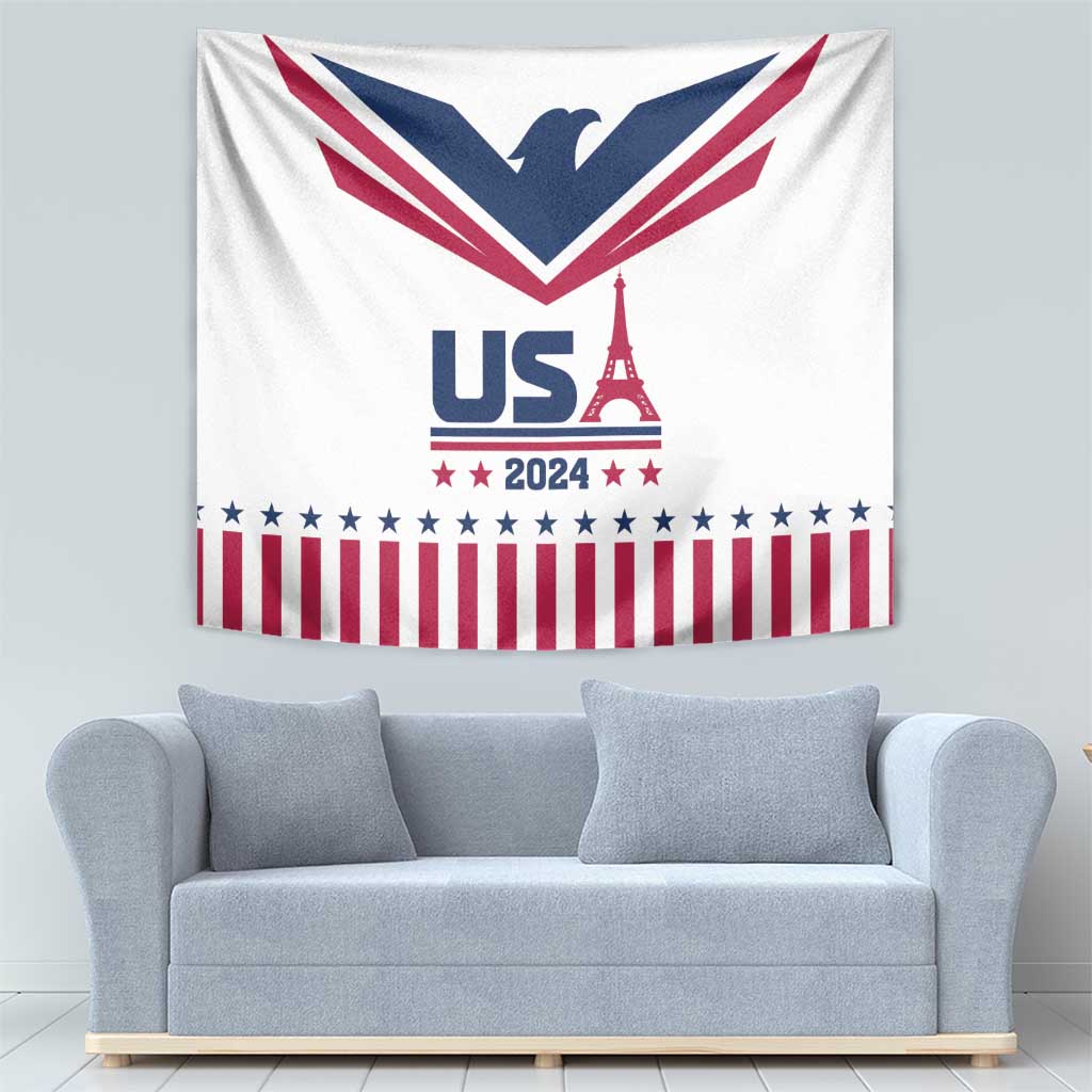 White USA 2024 tapestry with blue eagle, US and Eiffel Tower, stars and red stripes