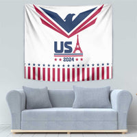 White USA 2024 tapestry with blue eagle, US and Eiffel Tower, stars and red stripes