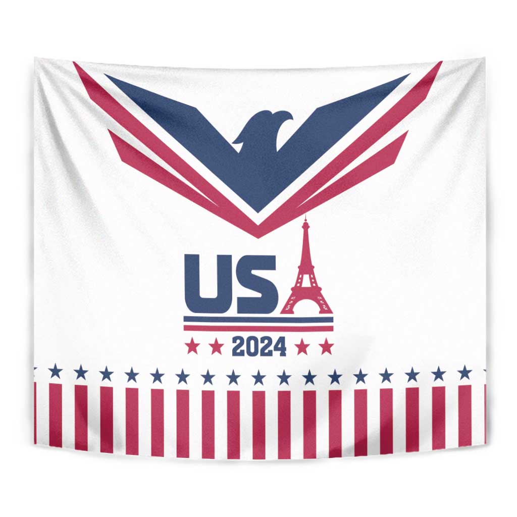 White USA 2024 tapestry showing Eiffel Tower, US 2024 text, blue eagle and red stripes
