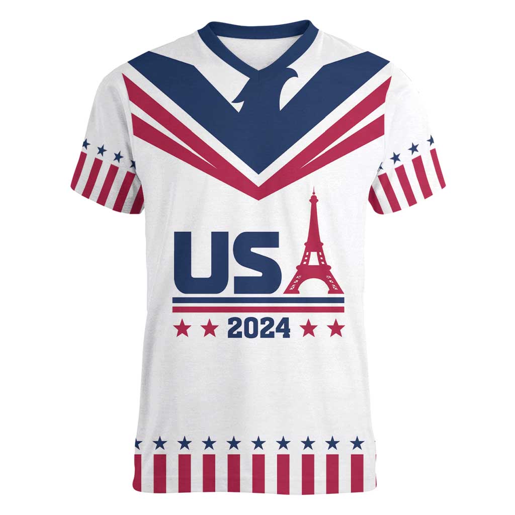 Custom USA 2024 Eiffel Tower Women V-Neck T-Shirt United States Summer Sport - Wonder Print Shop