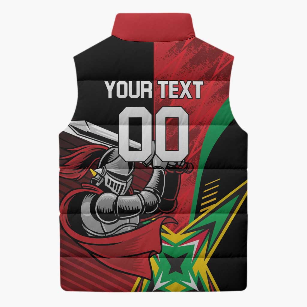 Black puffer vest with full-zip, red top collar, large illustrated front graphic.