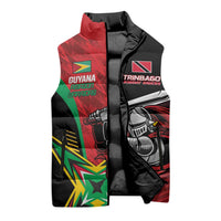 Red and black puffer vest with full-zip and high collar; astronaut-style graphic panels.