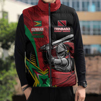 Black puffer jacket with red high collar, full-zip front, large illustrated front graphic.