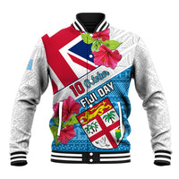 White baseball jacket with red, blue graphic and hibiscus patches; striped rib collar