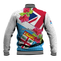 Baseball jacket showing red and blue back graphic with hibiscus flowers; striped rib cuffs