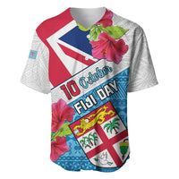 White baseball jersey with red-blue flag print, hibiscus flowers, buttoned V-neck