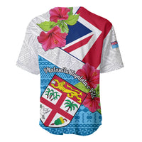White baseball jersey with red and blue flag graphic, pink hibiscus and patterned hem