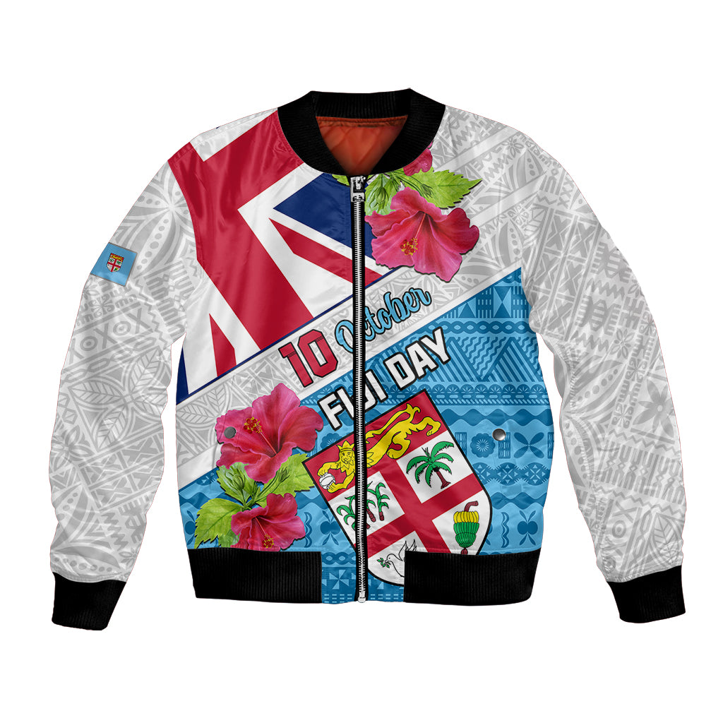 Unisex bomber jacket with full-zip front, tropical hibiscus and Fiji Day patchwork