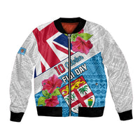 Unisex bomber jacket with full-zip front, tropical hibiscus and Fiji Day patchwork