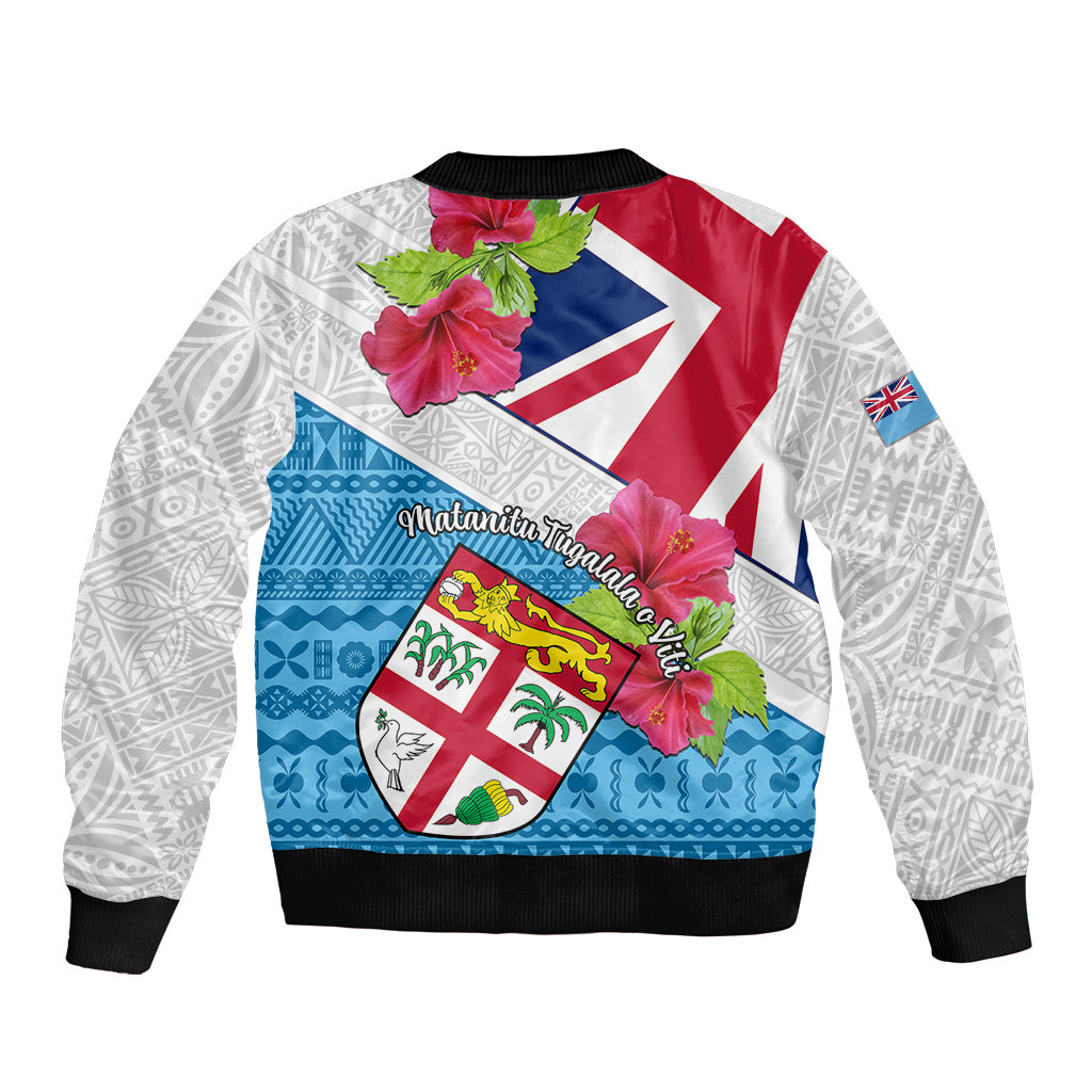 Unisex bomber jacket with hibiscus floral graphic, shield artwork, and black ribbed cuffs