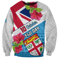 Unisex sweatshirt, white with Fiji flag graphic and pink hibiscus flowers