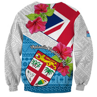 Unisex sweatshirt back, white with Fiji shield graphic, red hibiscus and floral accents