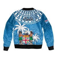 Blue bomber jacket, back graphic with palm trees, Bula text, ribbed hem and cuffs
