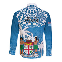 Blue long-sleeve button shirt with back graphic "Bula" and Fijian tapa-style pattern